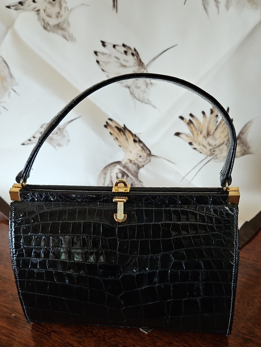 Vintage 1950s Lesco Black Croc-embossed Leather Top-Handle Bag